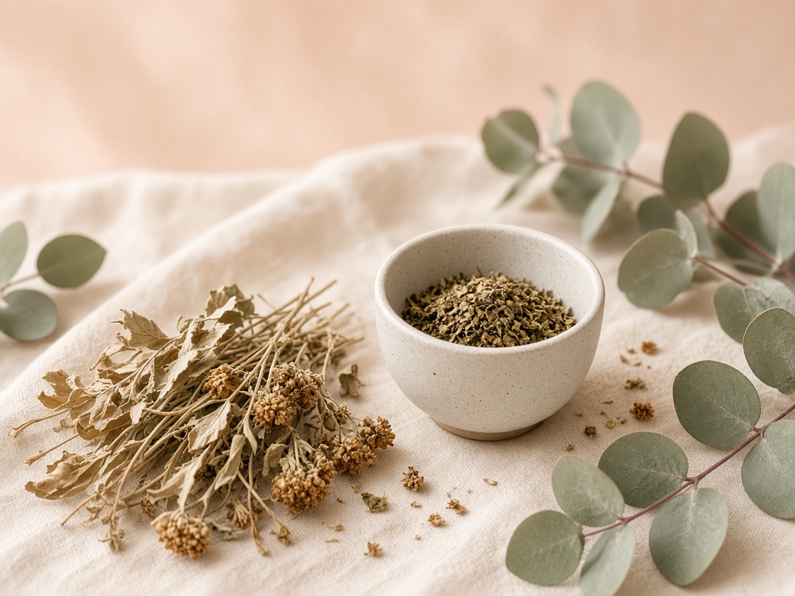 Botanical still life with herbs and eucalyptus on cream linen