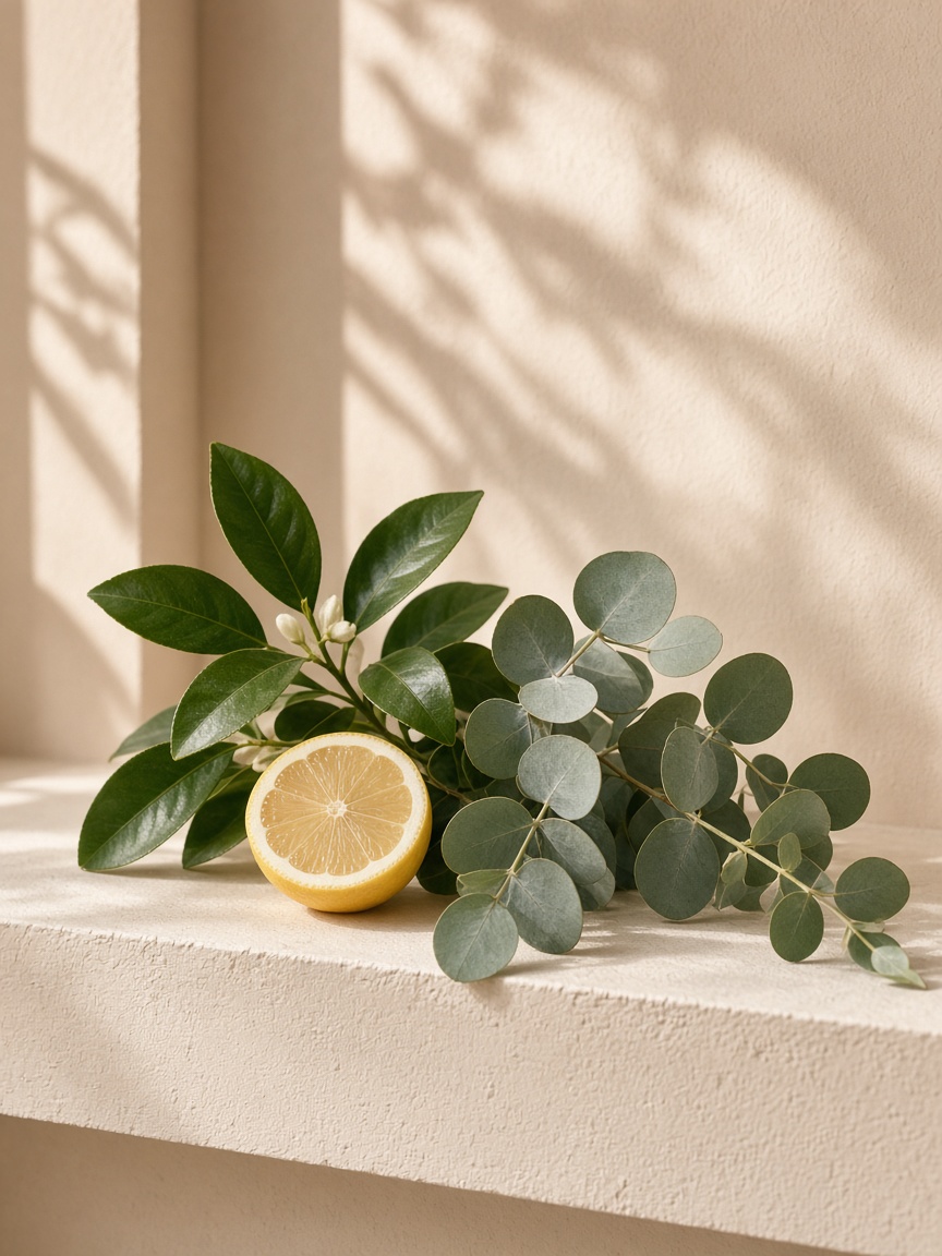 Citrus leaves, eucalyptus, and a cut lemon on a cream plaster ledge