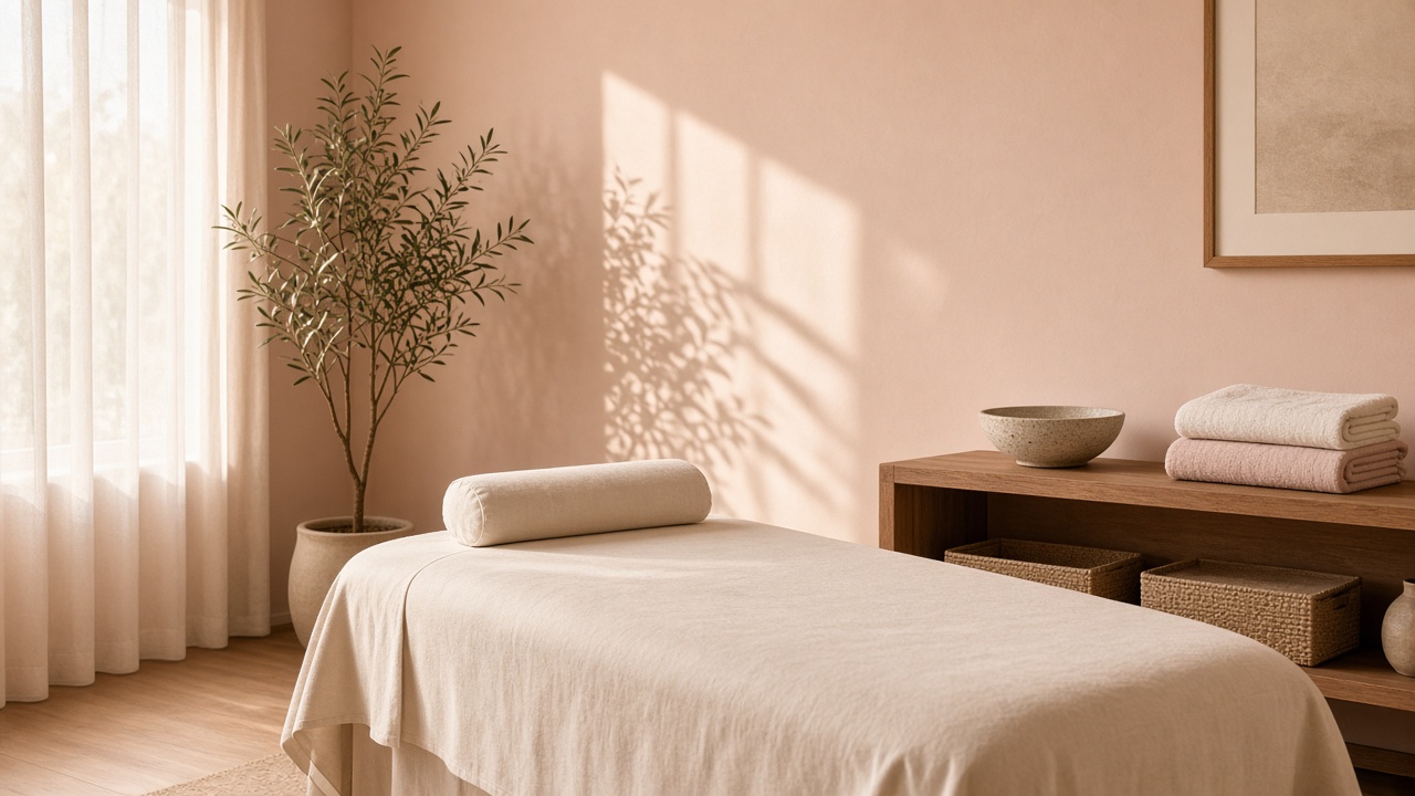 Bright private treatment suite with cream linen table and peach afternoon light