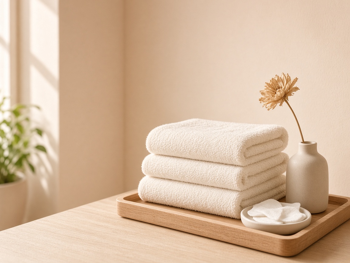 Folded towels, wooden tray, and dried flower in a treatment-room corner